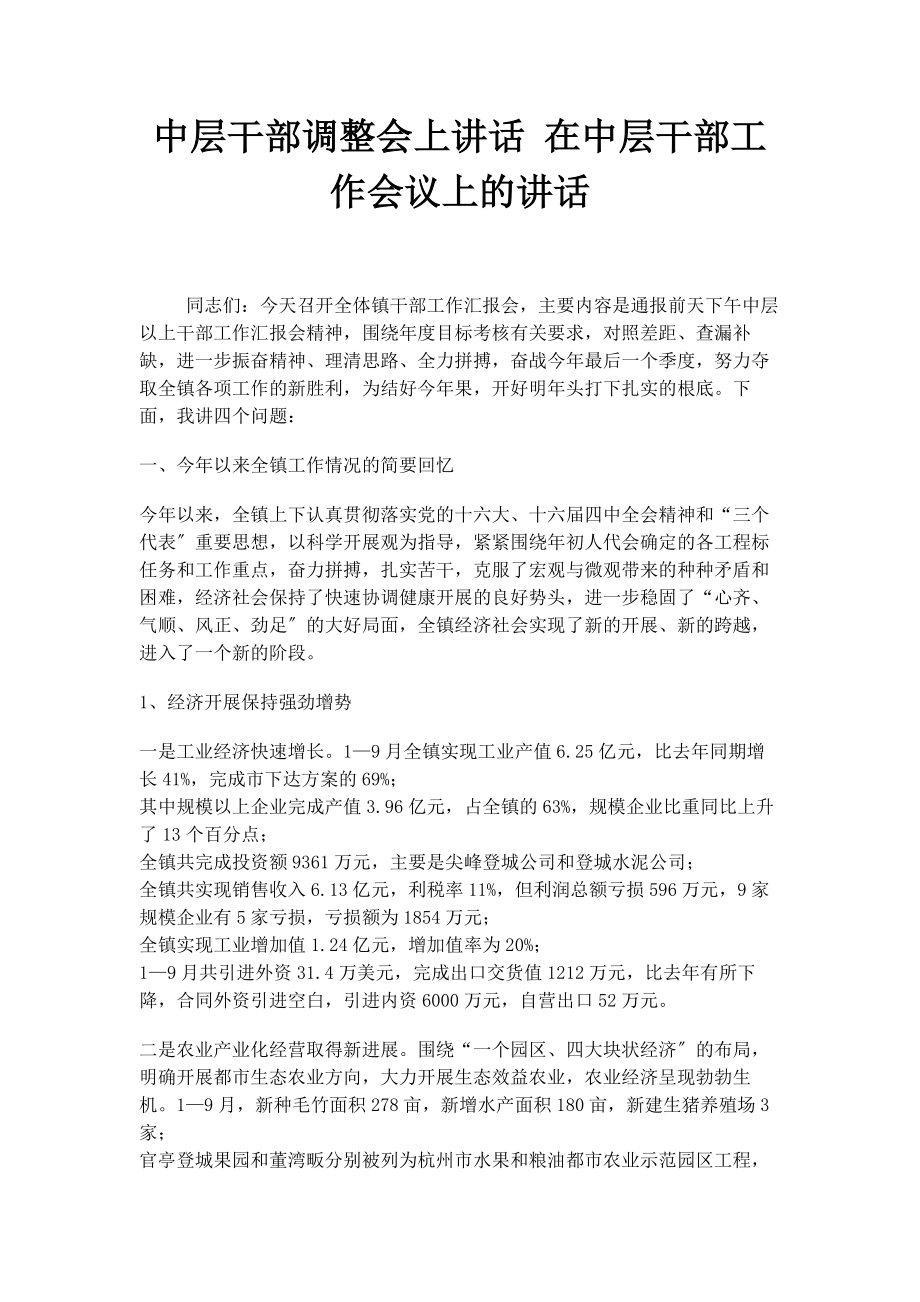 2023年中层干部调整会上讲话 在中层干部工作会议上的讲话.docx_第1页