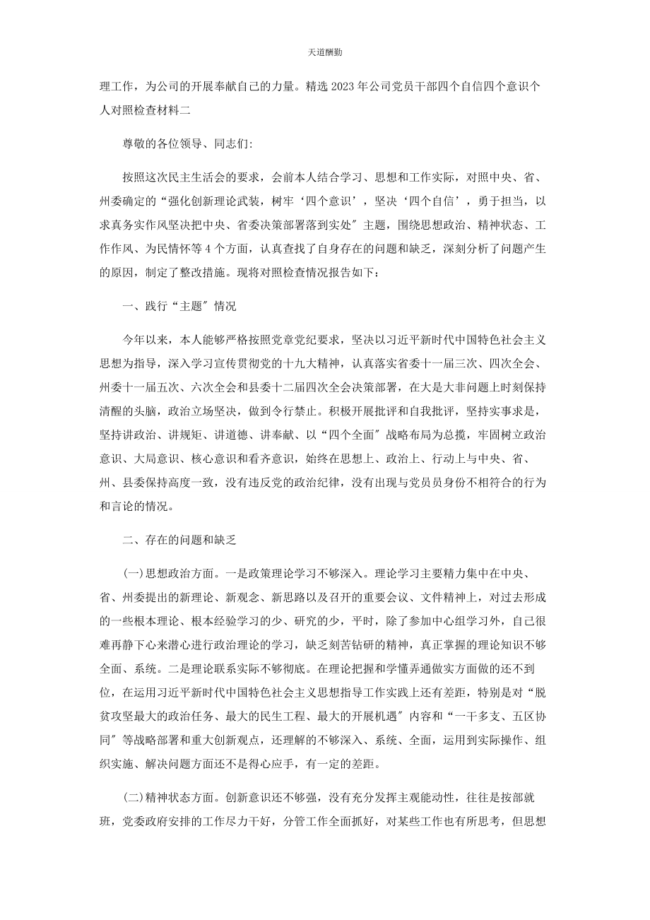 2023年公司党员干部四个自信四个意识个人对照检查材料.docx_第2页