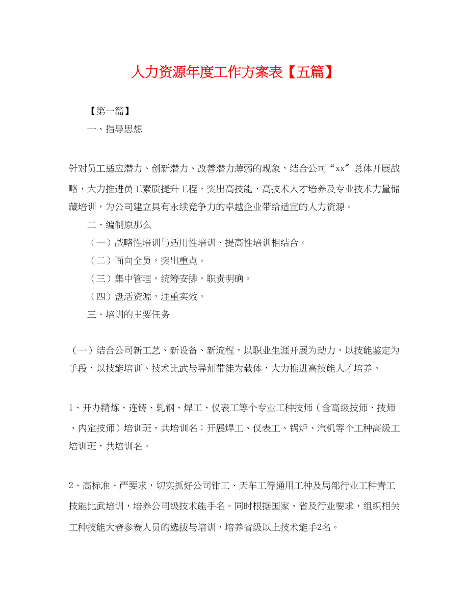 2023年人力资源度工作计划表五篇.docx_第1页