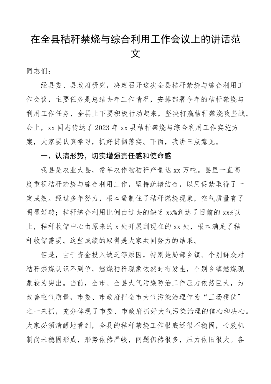 在全县秸秆禁烧与综合利用工作会议上的重要讲话范文.docx_第1页