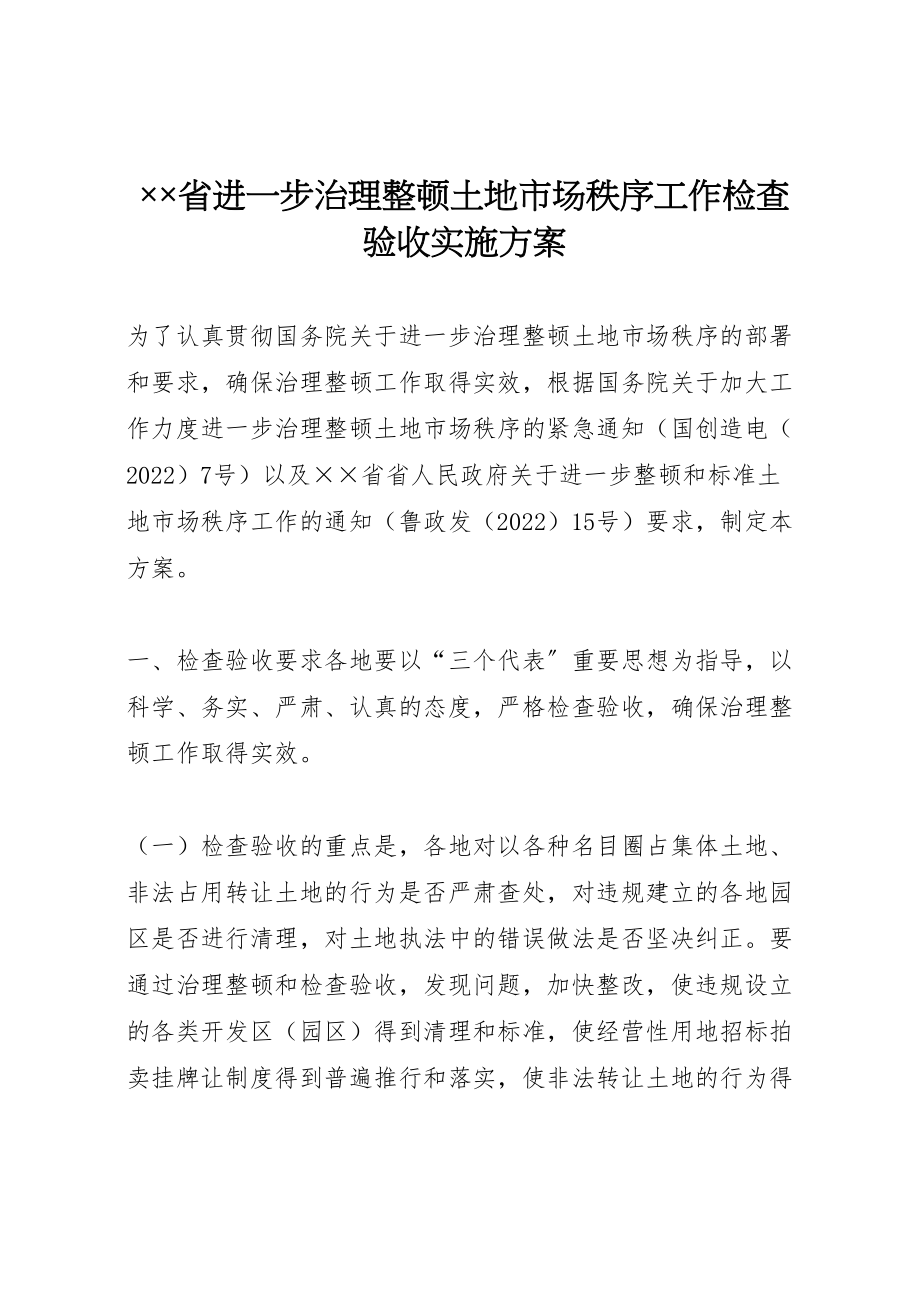 2023年省进一步治理整顿土地市场秩序工作检查验收实施方案 .doc_第1页