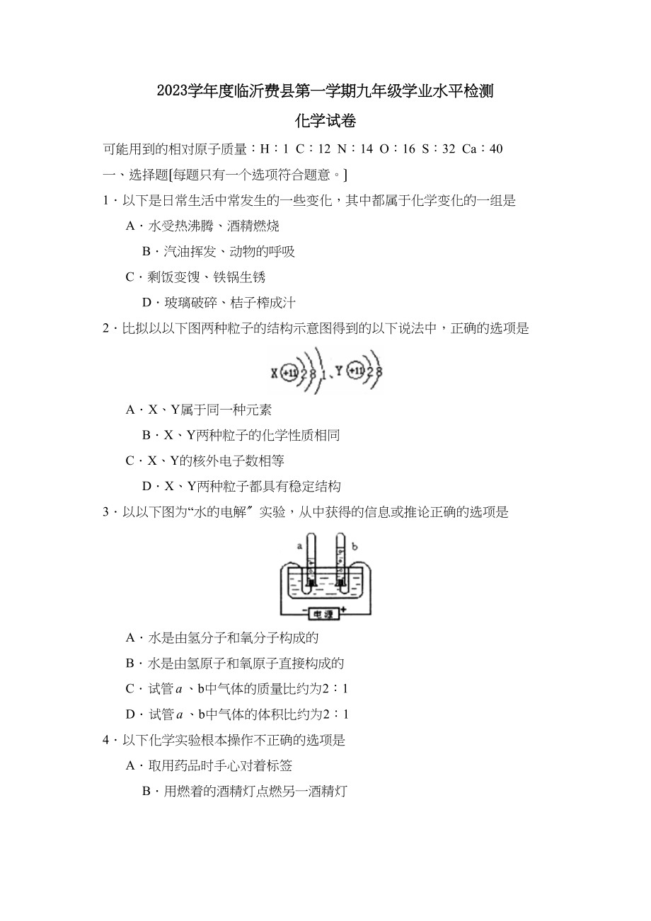 2023年度临沂费县第一学期九年级学业水平检测初中化学.docx_第1页