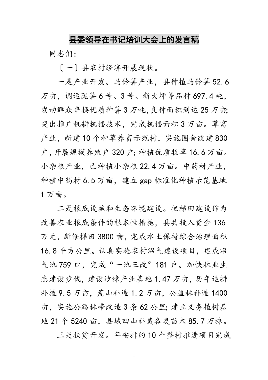 2023年县委领导在书记培训大会上的发言稿范文.doc_第1页