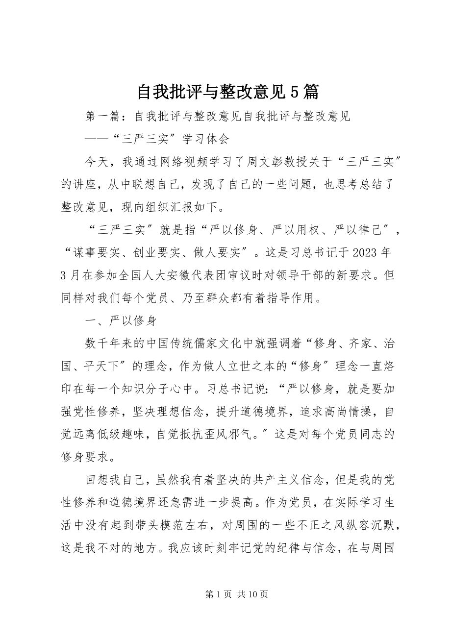 2023年自我批评与整改意见5篇.docx_第1页