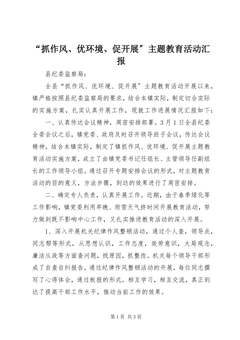 2023年抓作风优环境促发展主题教育活动汇报.docx_第1页