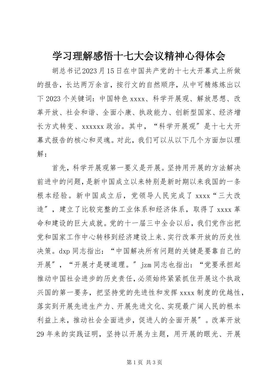 2023年学习理解感悟十七大会议精神心得体会.docx_第1页