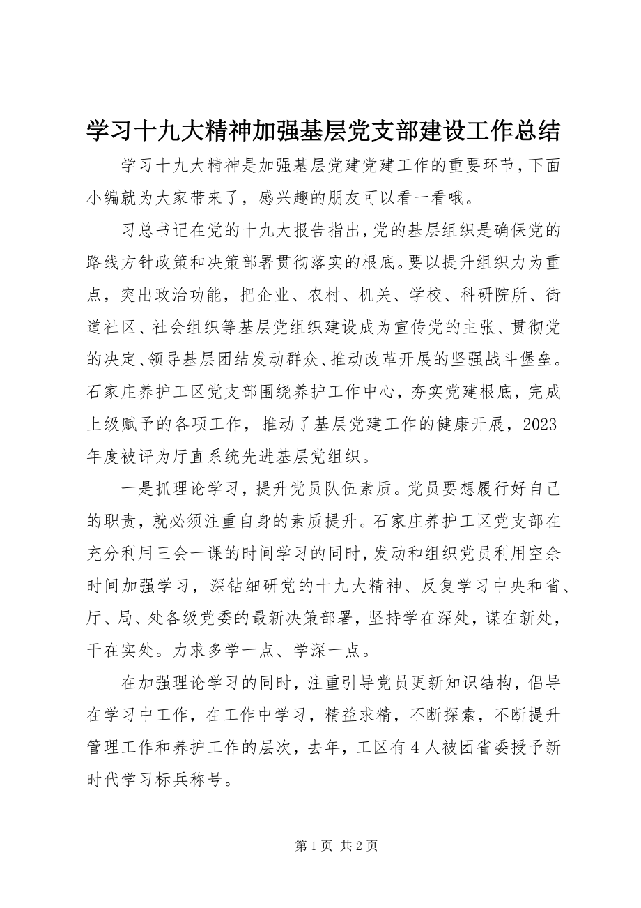 2023年学习十九大精神加强基层党支部建设工作总结.docx_第1页