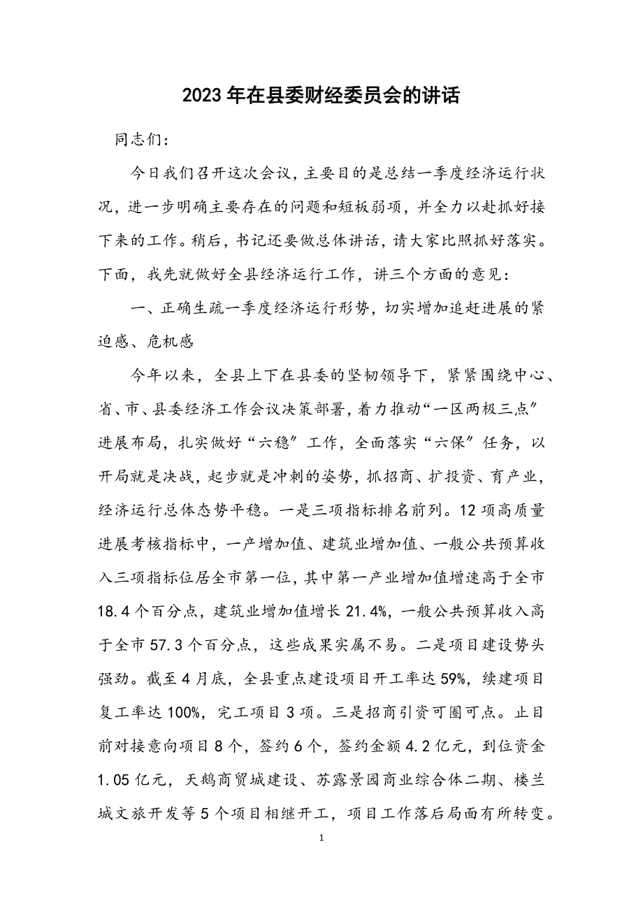 2023年在县委财经委员会的讲话.docx_第1页