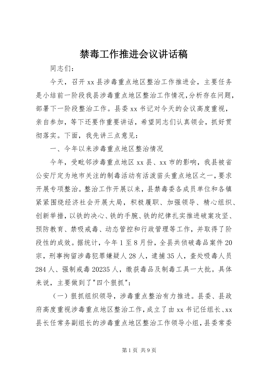 2023年禁毒工作推进会议致辞稿.docx_第1页