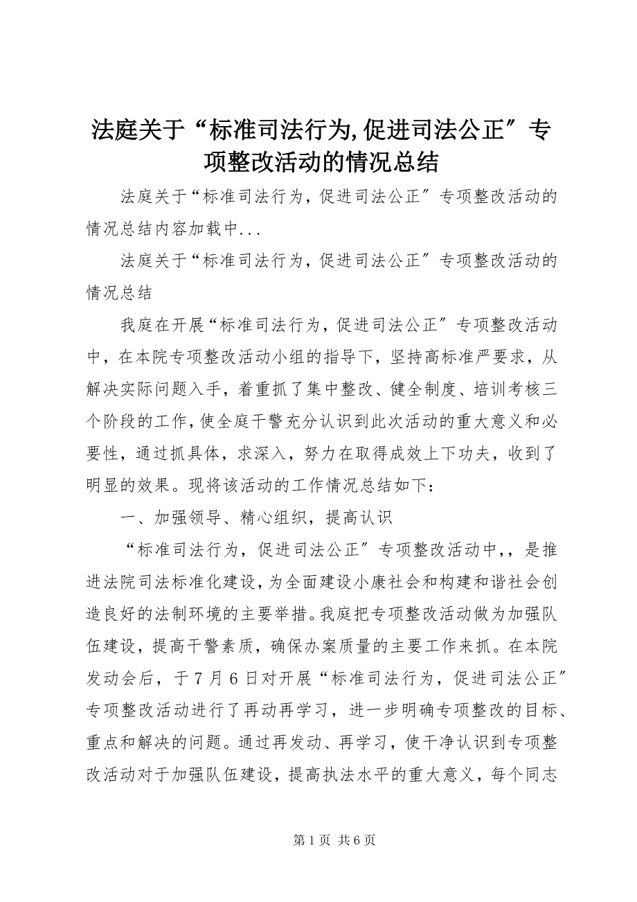 2023年法庭关于“规范司法行为,促进司法公正”专项整改活动的情况总结.docx_第1页