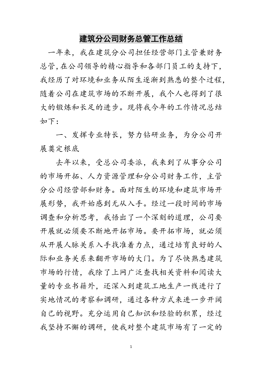 2023年建筑分公司财务总管工作总结范文.doc_第1页