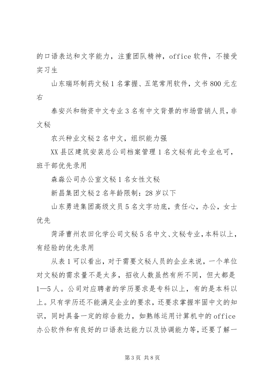 2023年《XX省农林水类毕业生就业市场秘书人才需求考察及体会》.docx_第3页