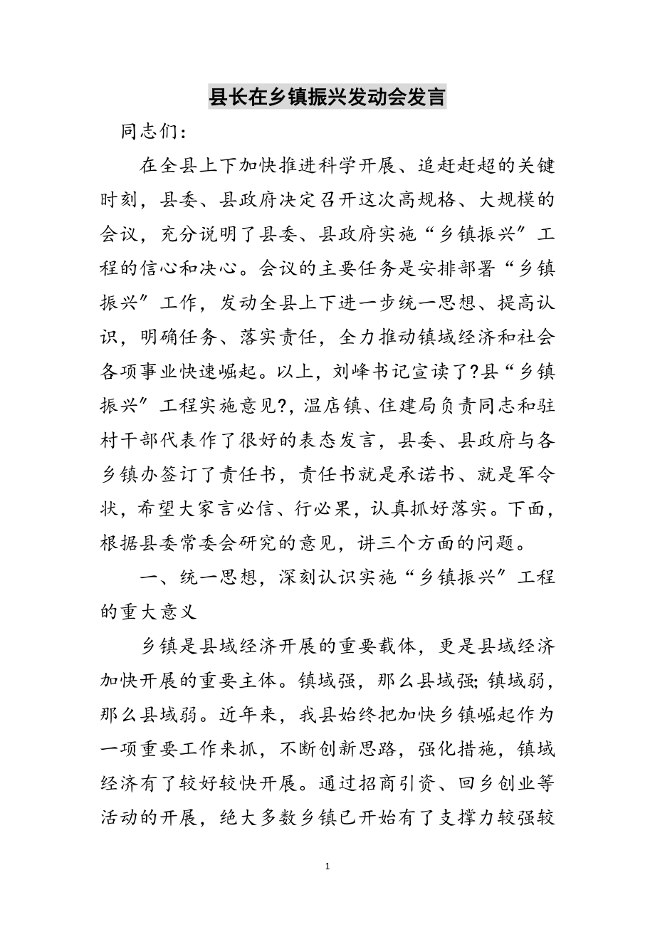 2023年县长在乡镇振兴动员会发言范文.doc_第1页