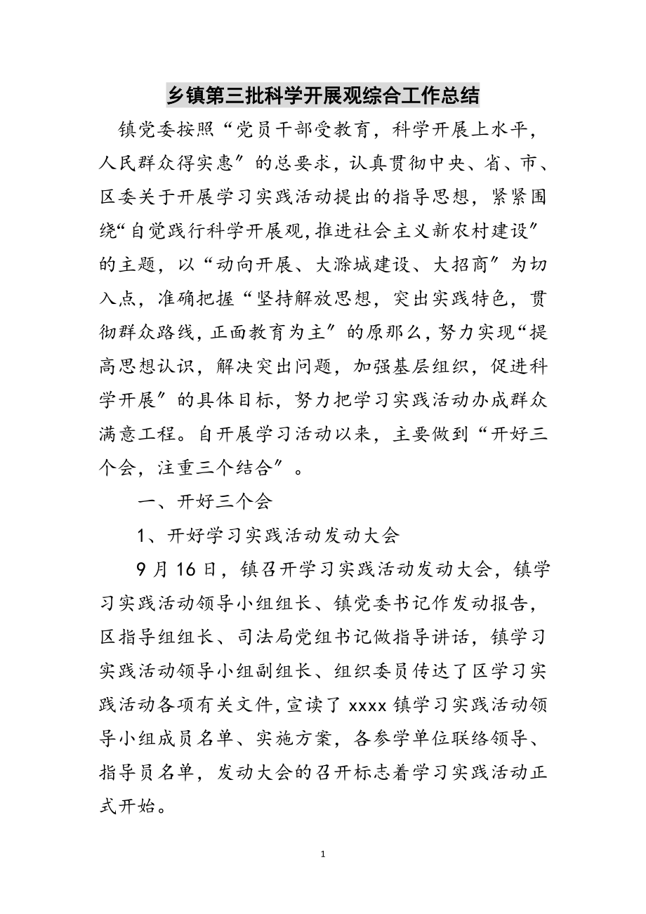 2023年乡镇第三批科学发展观综合工作总结范文.doc_第1页