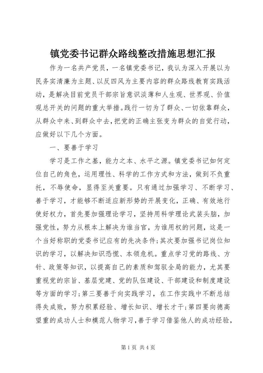 2023年镇党委书记群众路线整改措施思想汇报.docx_第1页