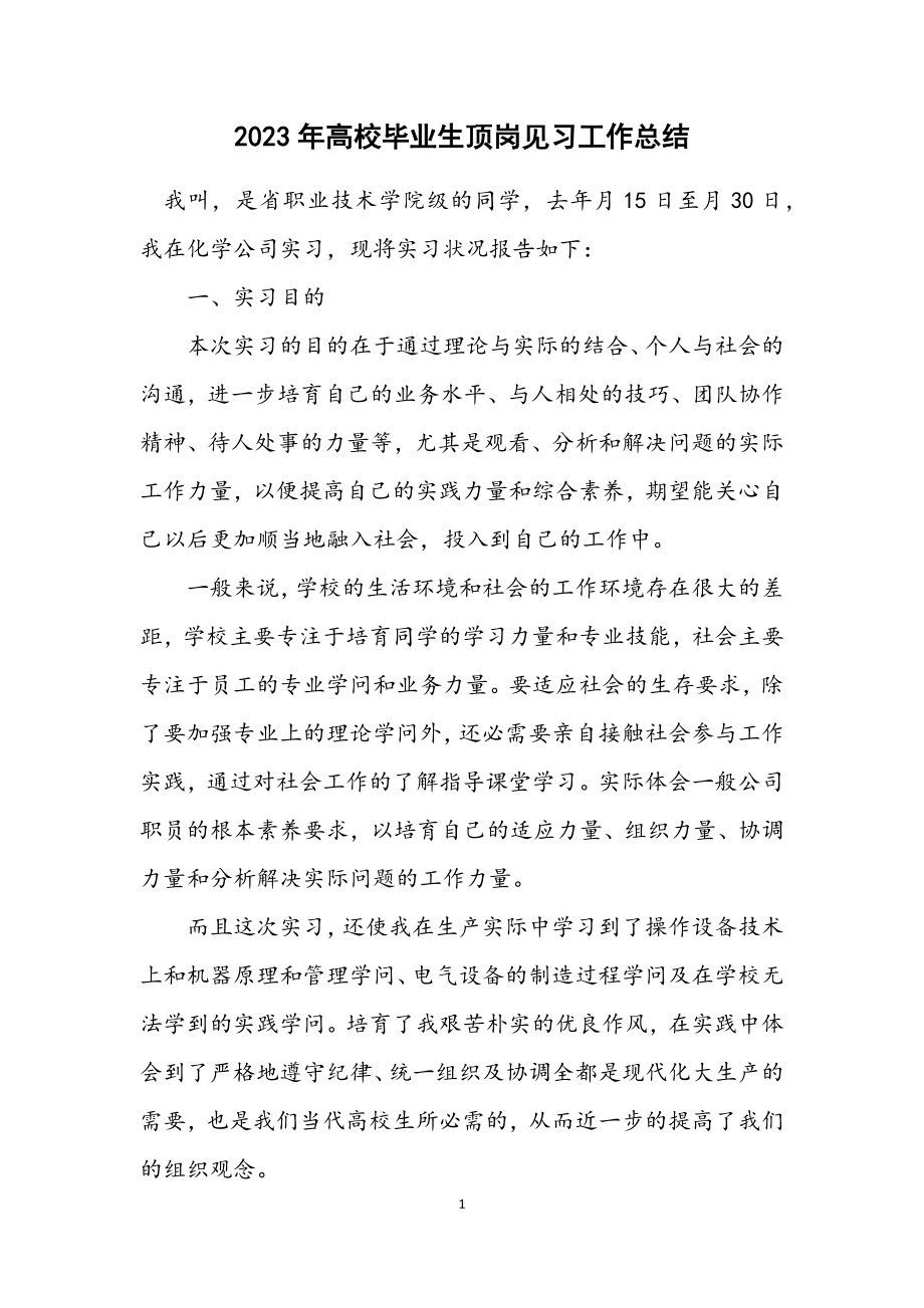 2023年高校毕业生顶岗见习工作总结.docx_第1页