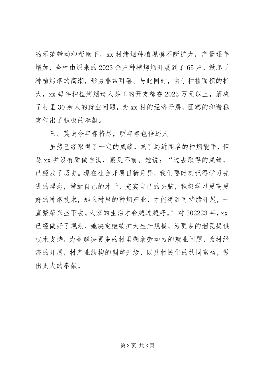 2023年妇女种烟能手自强致富事迹材料.docx_第3页