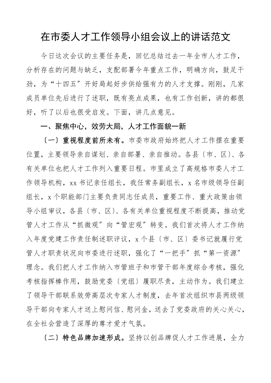 2023年领导讲话在市委人才工作领导小组会议上的讲话.doc_第1页