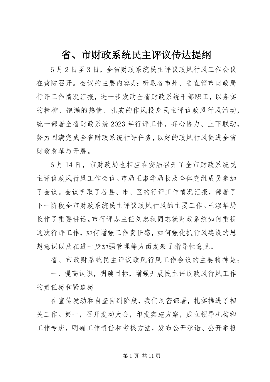 2023年省市财政系统民主评议传达提纲.docx_第1页