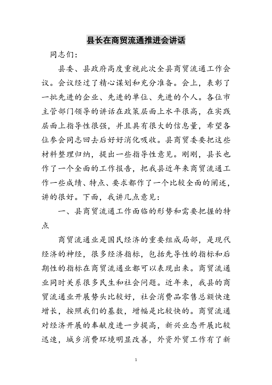 2023年县长在商贸流通推进会讲话范文.doc_第1页