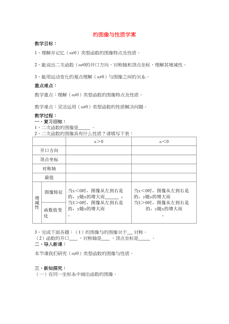 2023年九级数学下册2722二次函数的图像与性质学案无答案华东师大版.docx_第1页