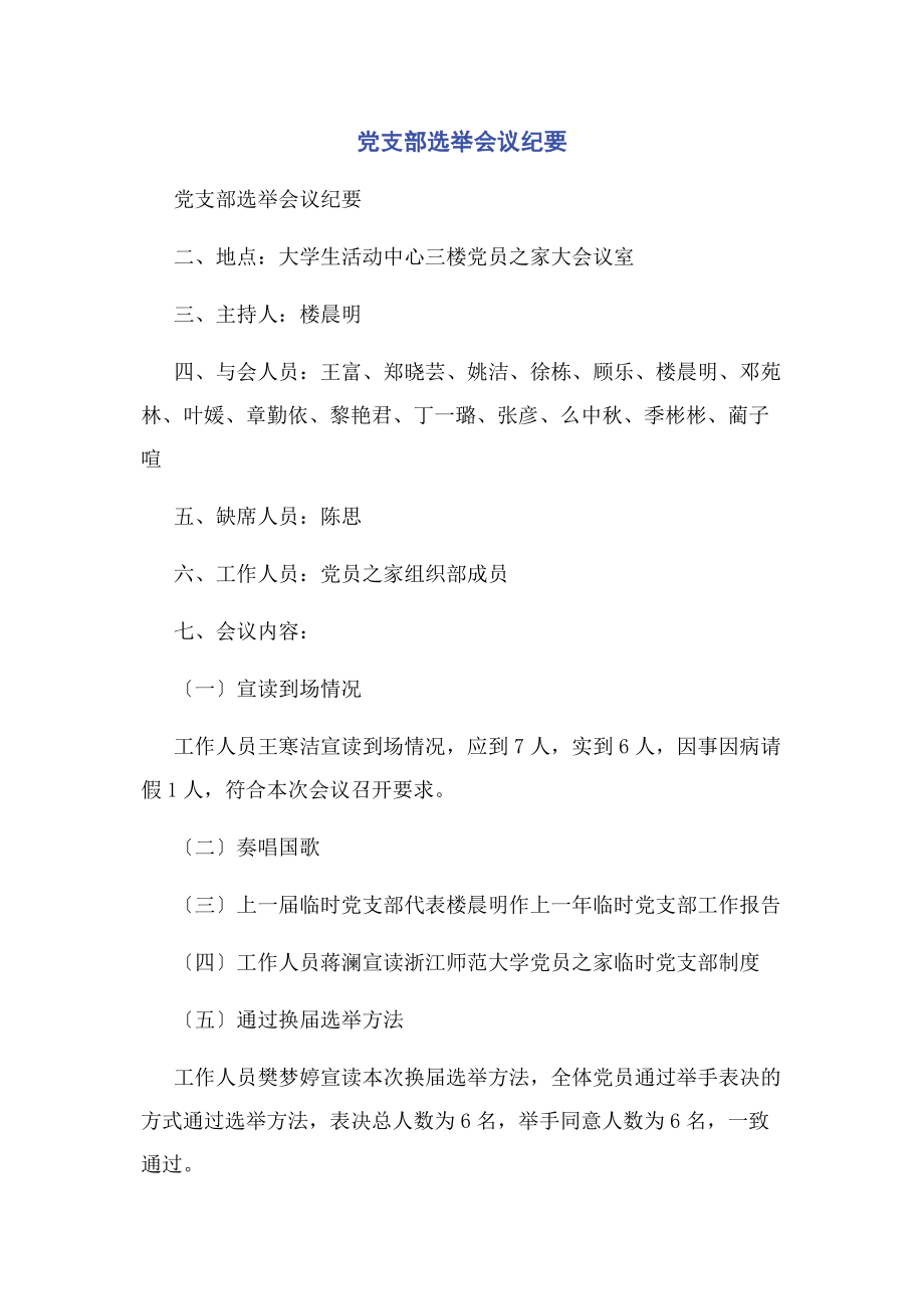 2023年党支部选举会议纪要.docx_第1页