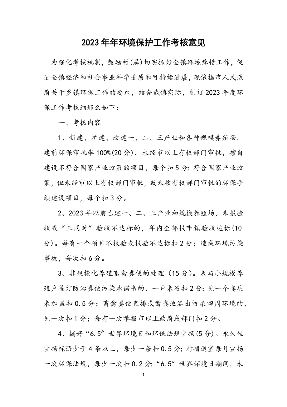 2023年环境保护工作考核意见.docx_第1页