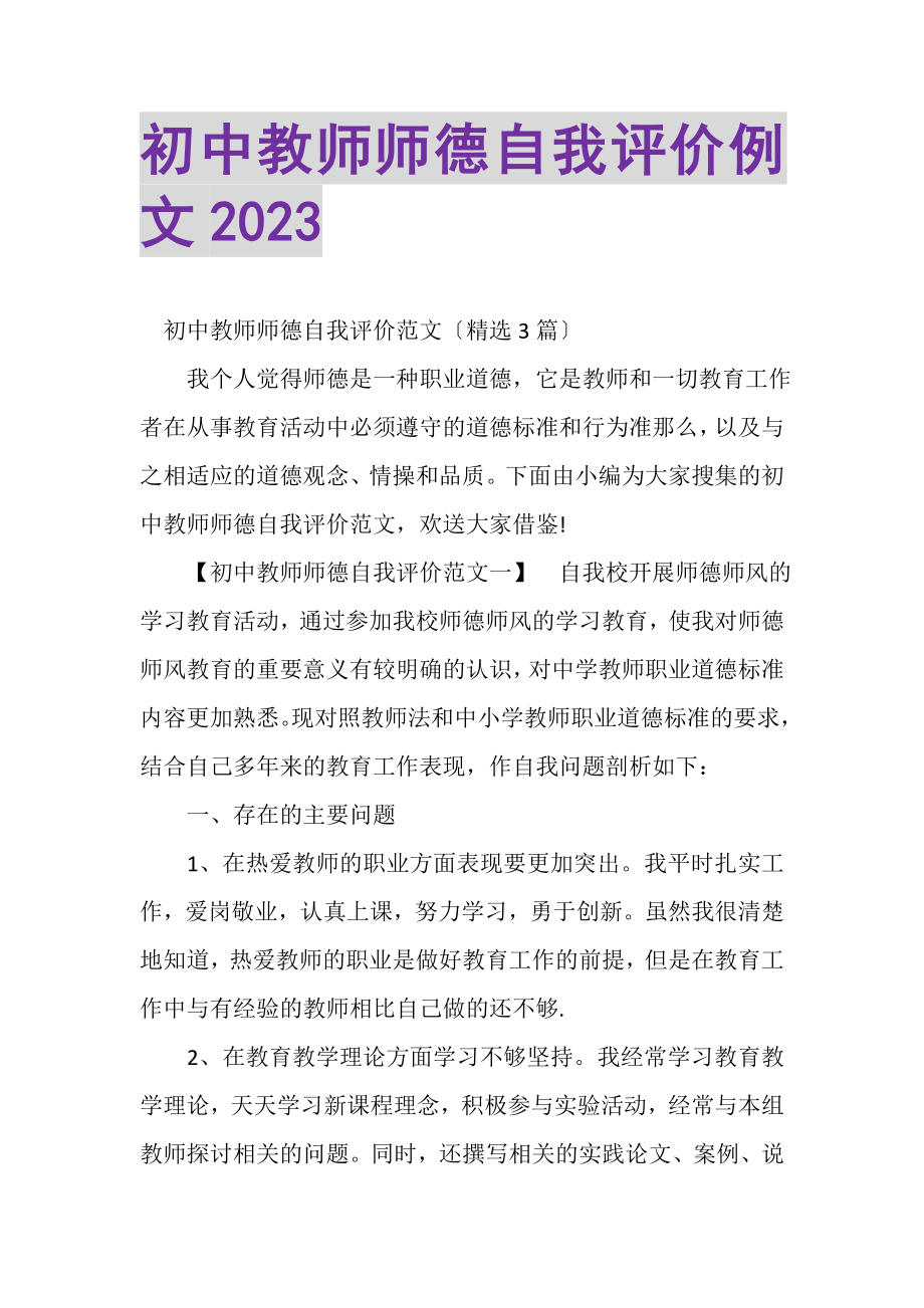 2023年初中教师师德自我评价例文.doc_第1页