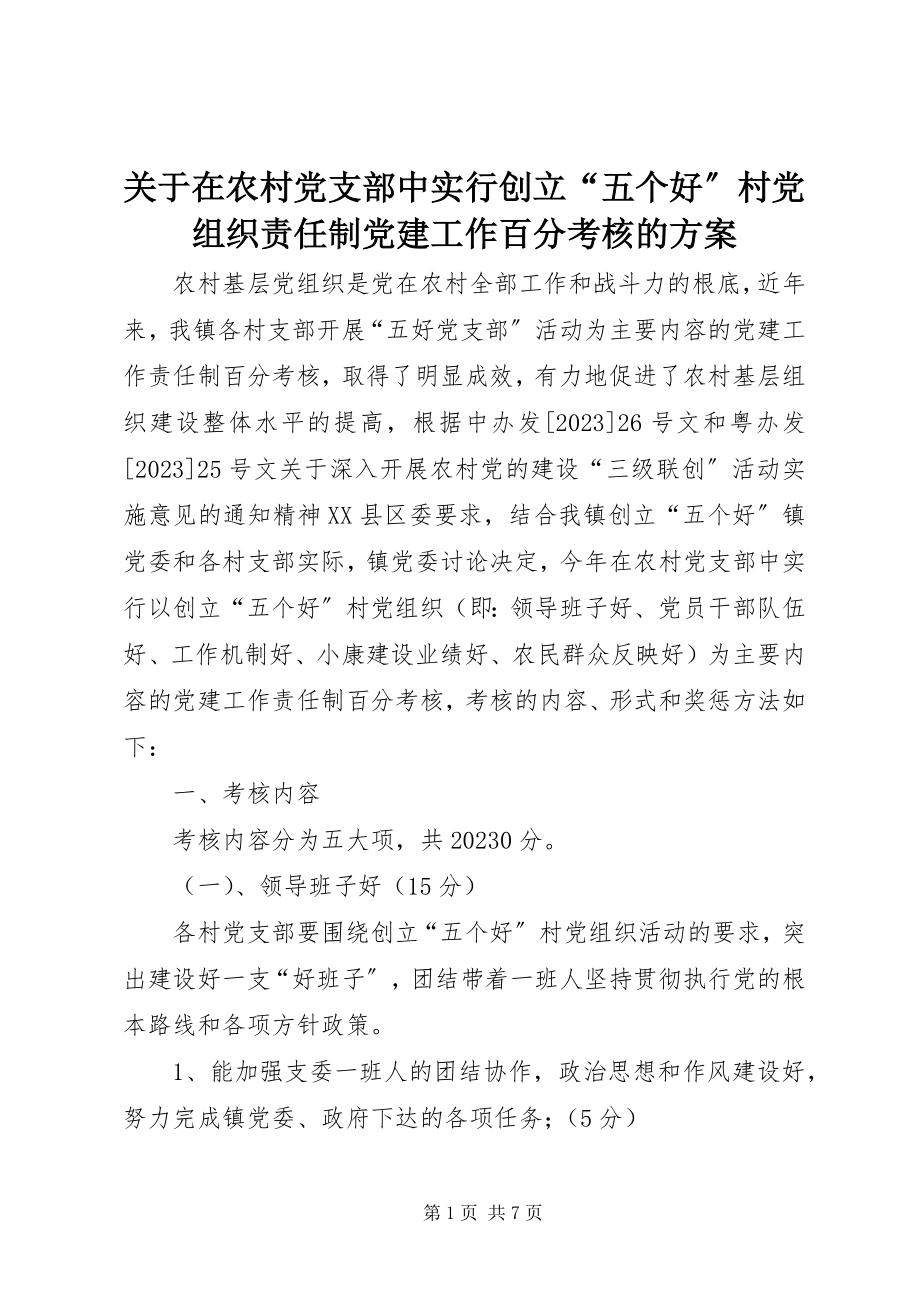 2023年在农村党支部中实行创建“五个好”村党组织责任制党建工作百分考核的方案.docx_第1页