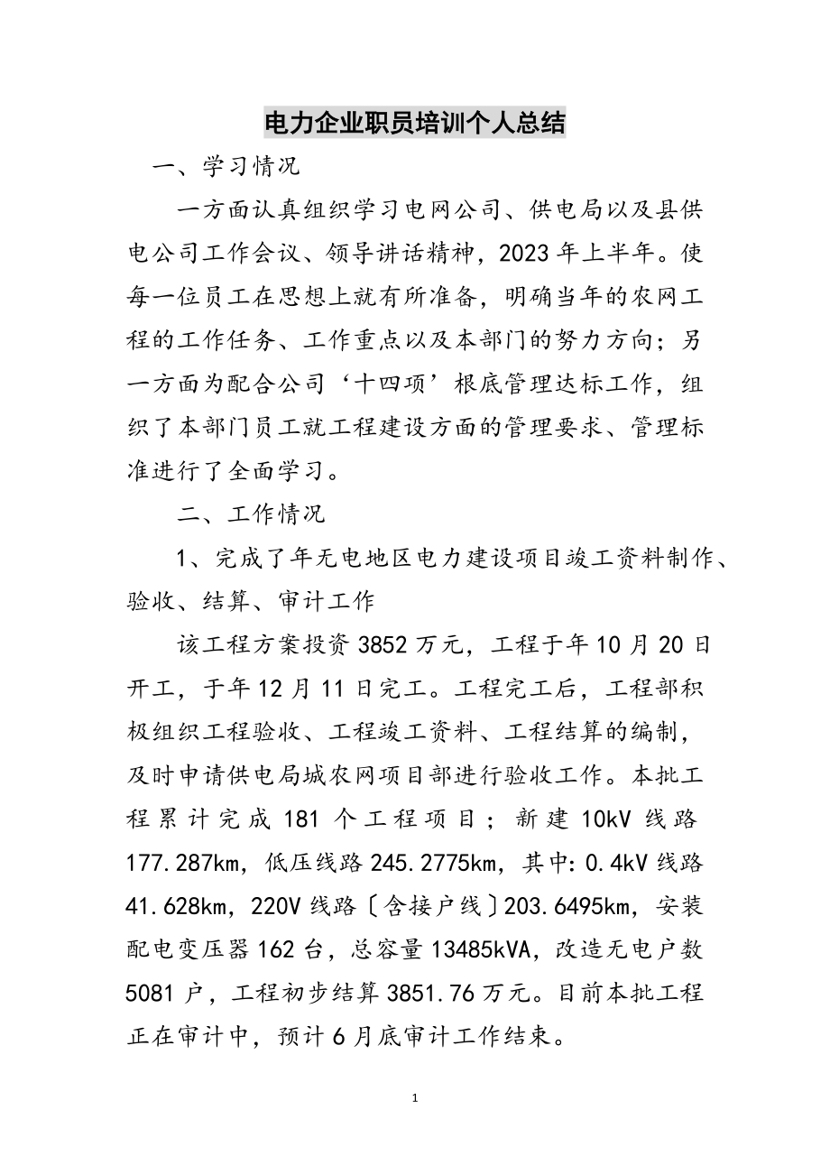 2023年电力企业职员培训个人总结范文.doc_第1页