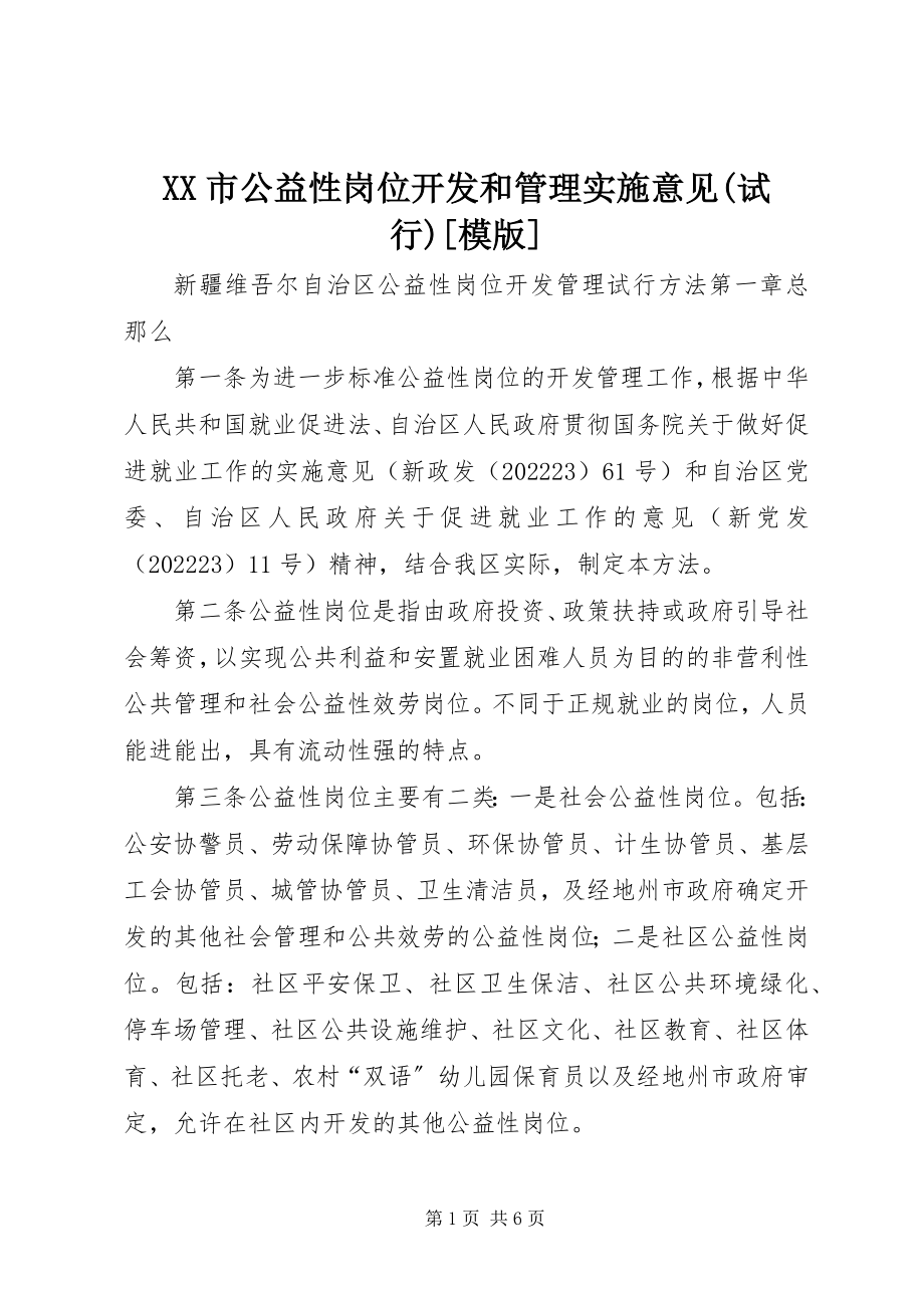 2023年XX市公益性岗位开发和管理实施意见试行模版新编.docx_第1页