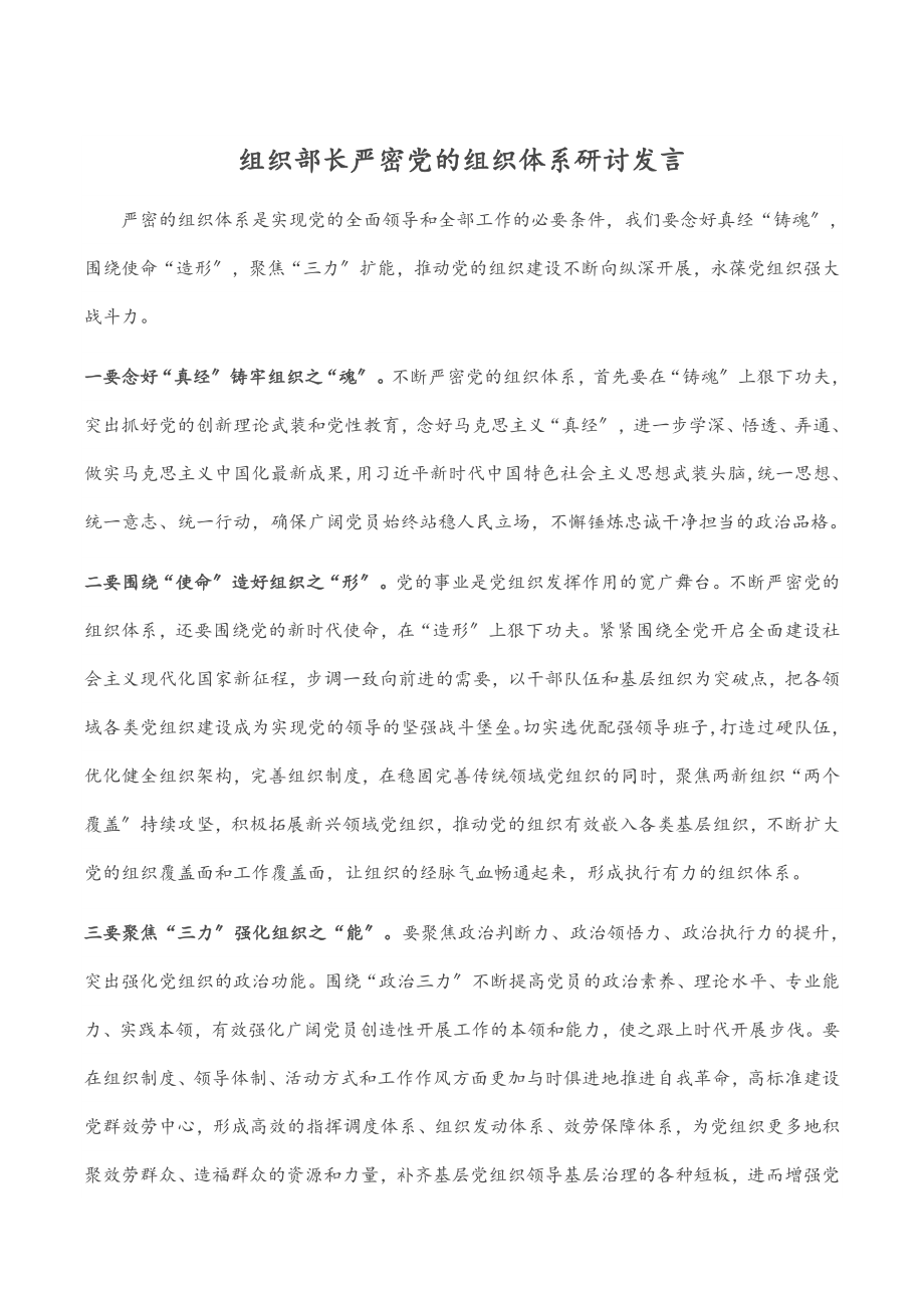 2023年组织部长严密党的组织体系研讨发言.docx_第1页