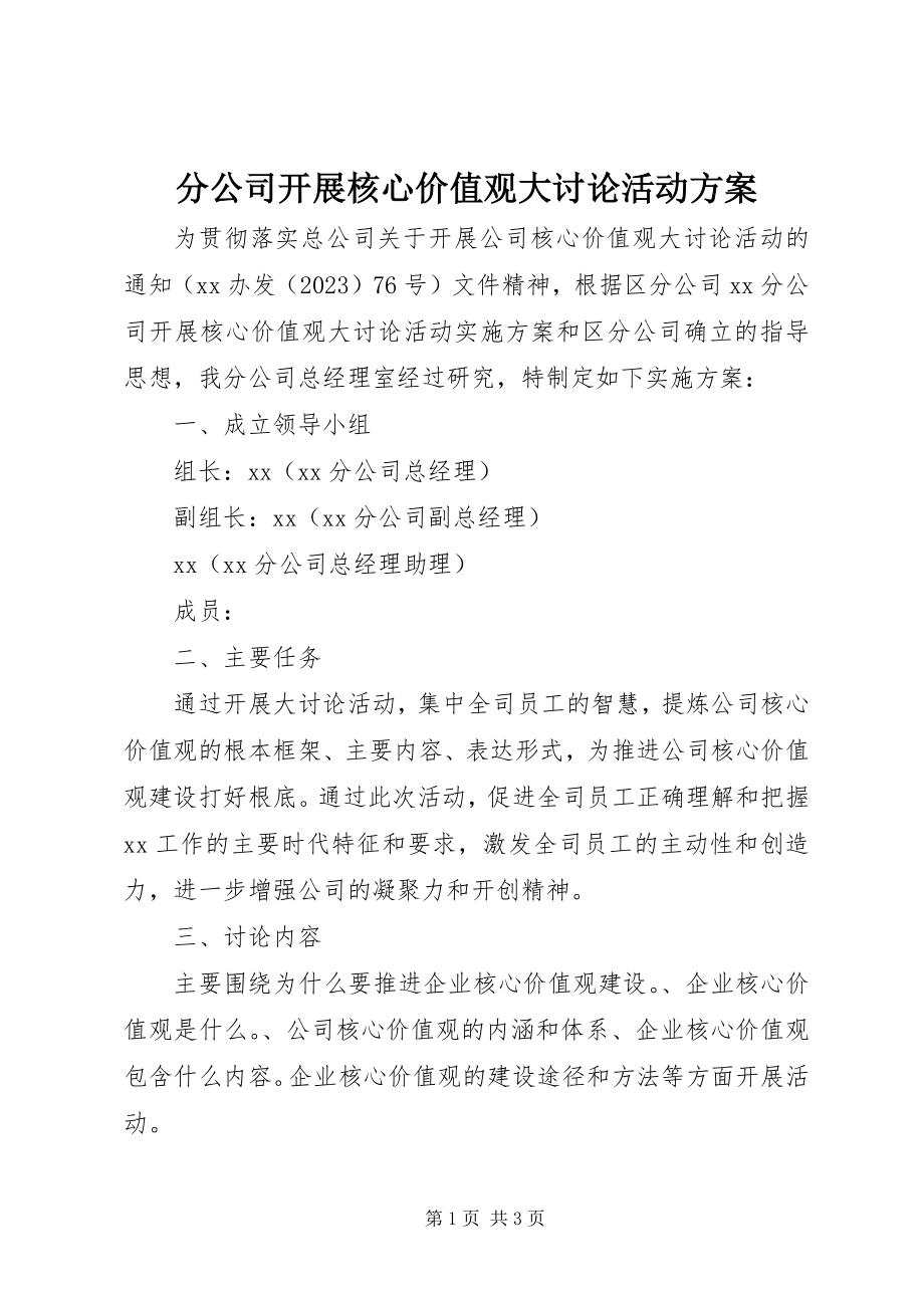 2023年分公司开展核心价值观大讨论活动方案.docx_第1页