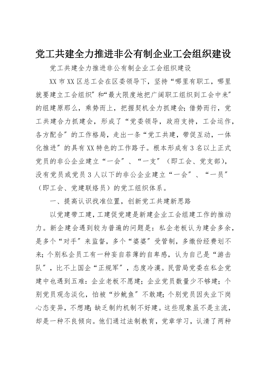 2023年党工共建全力推进非公有制企业工会组织建设.docx_第1页