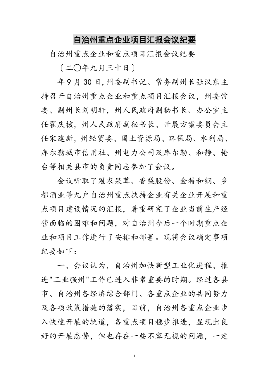 2023年自治州重点企业项目汇报会议纪要范文.doc_第1页