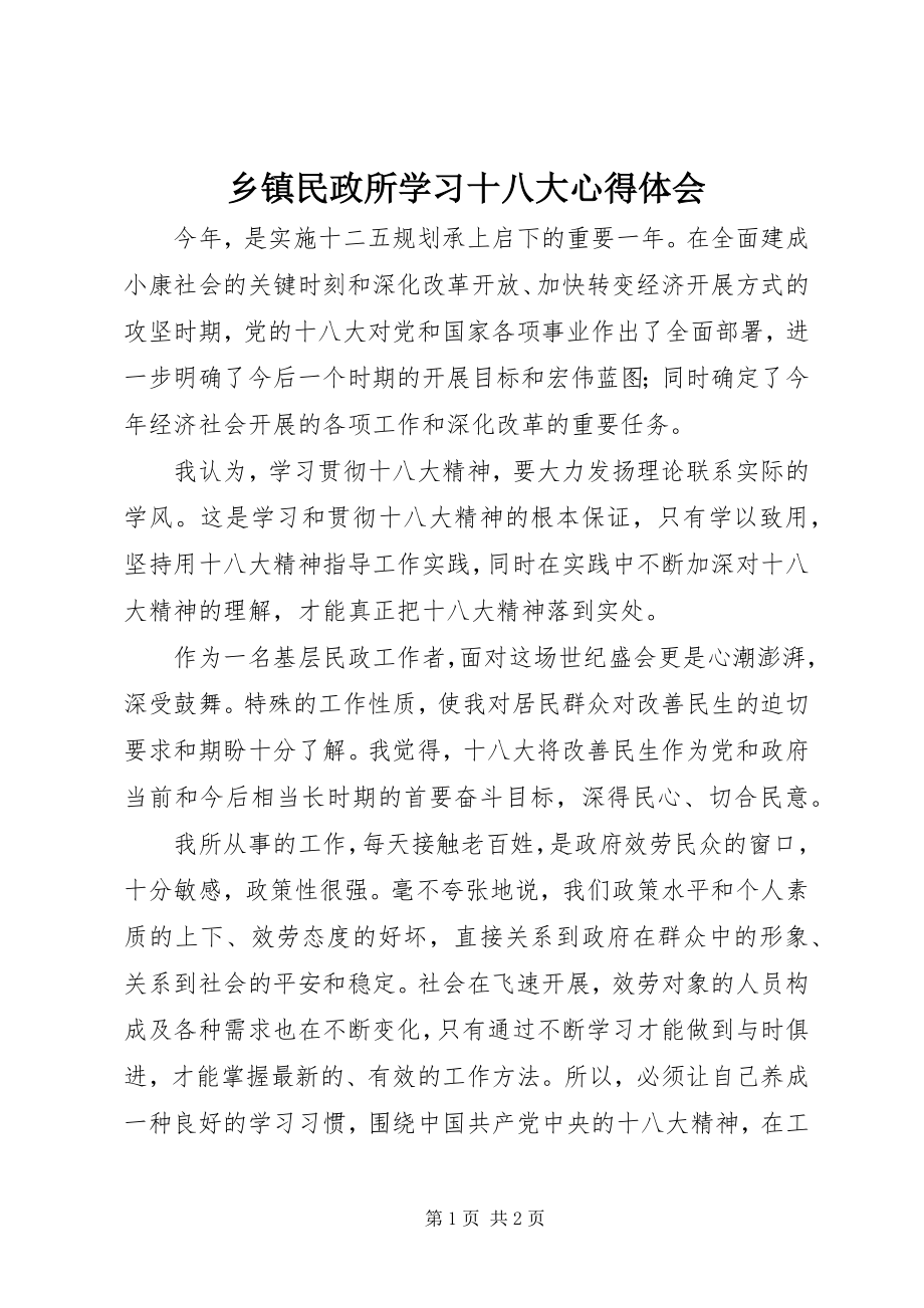 2023年乡镇民政所学习十八大心得体会.docx_第1页