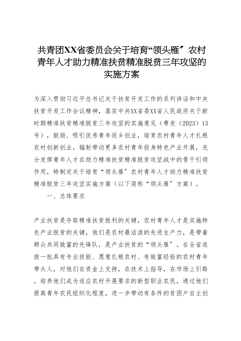 2023年共青团省委员会关于培育领头雁农村青年人才助力精准扶贫精准脱贫三年攻坚的实施方案.doc_第1页