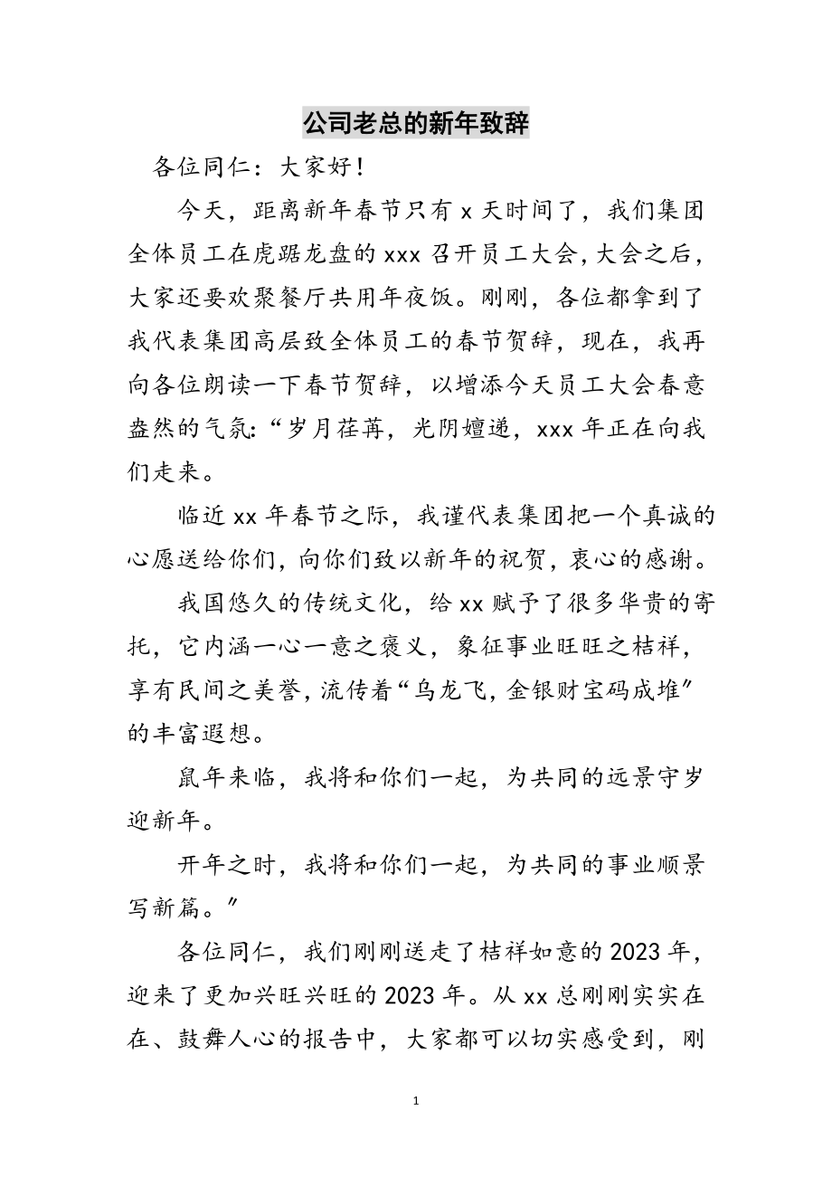 2023年公司老总的新年致辞范文.doc_第1页