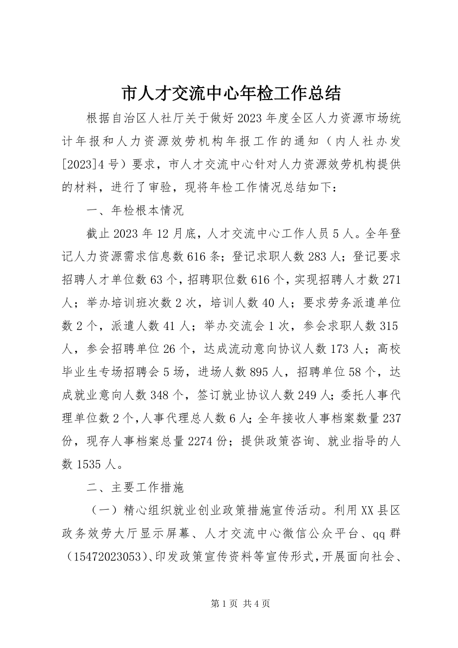 2023年市人才交流中心年检工作总结.docx_第1页