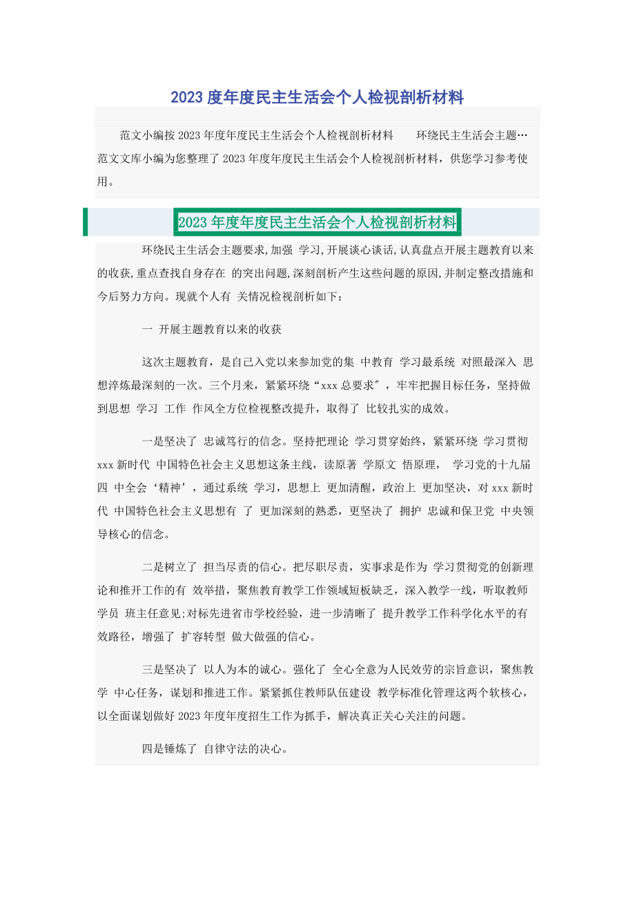 2023年度年度民主生活会个人检视剖析材料.docx_第1页