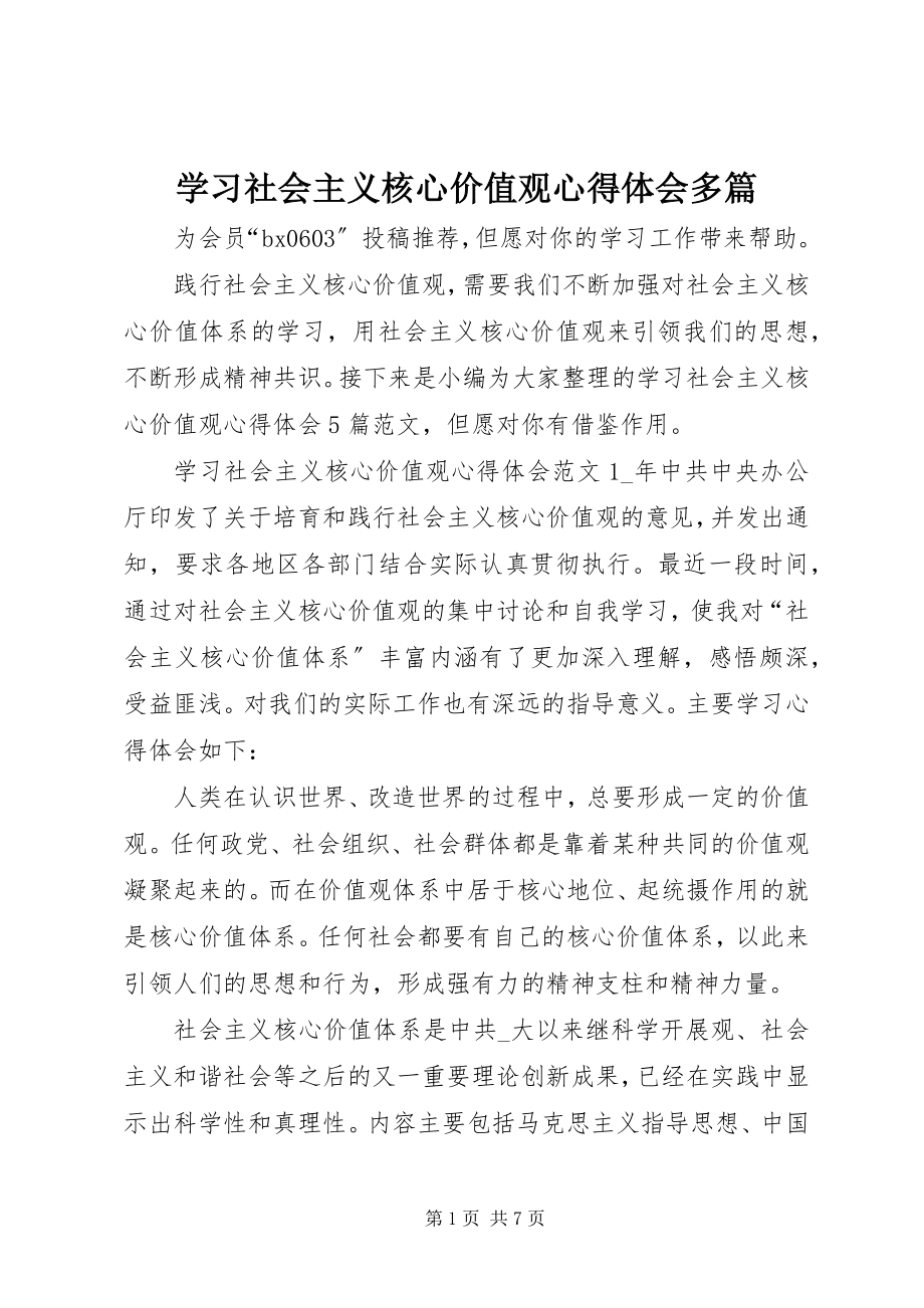 2023年学习社会主义核心价值观心得体会多篇.docx_第1页