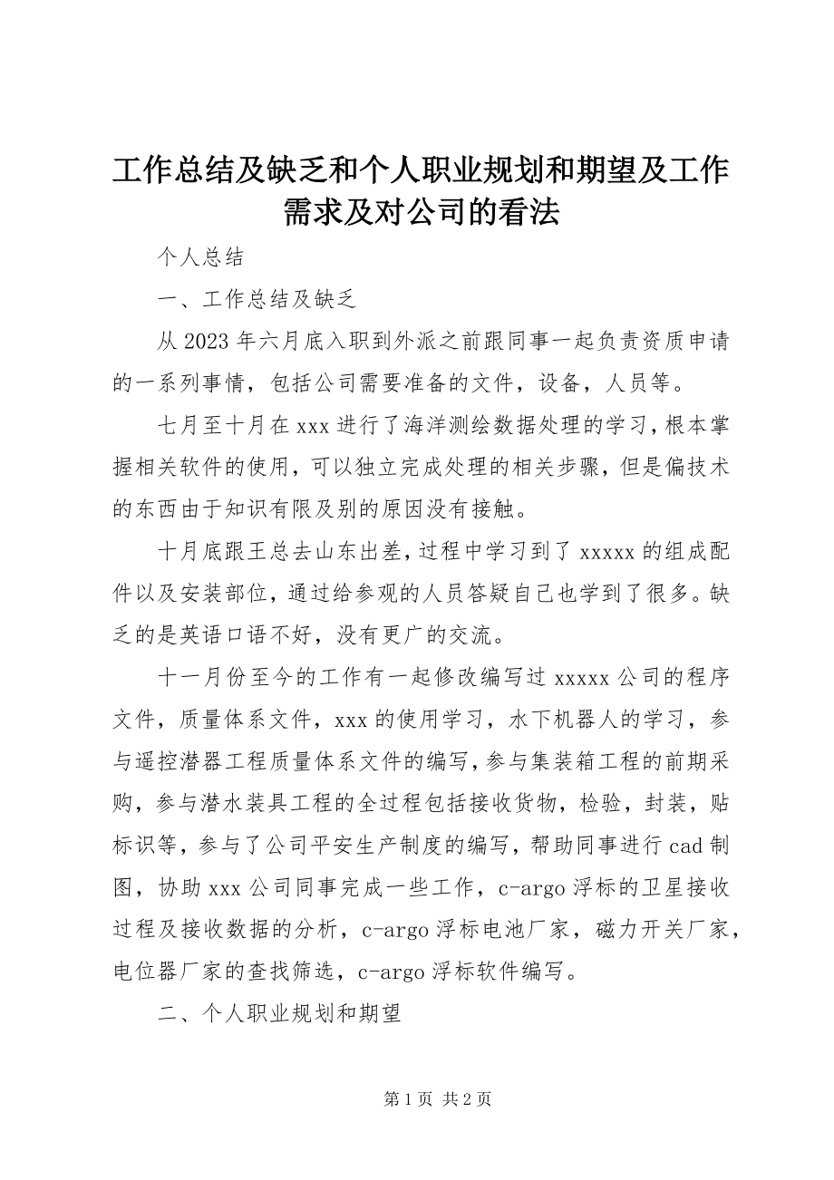 2023年工作总结及不足和个人职业规划和期望及工作需求及对公司的看法.docx_第1页