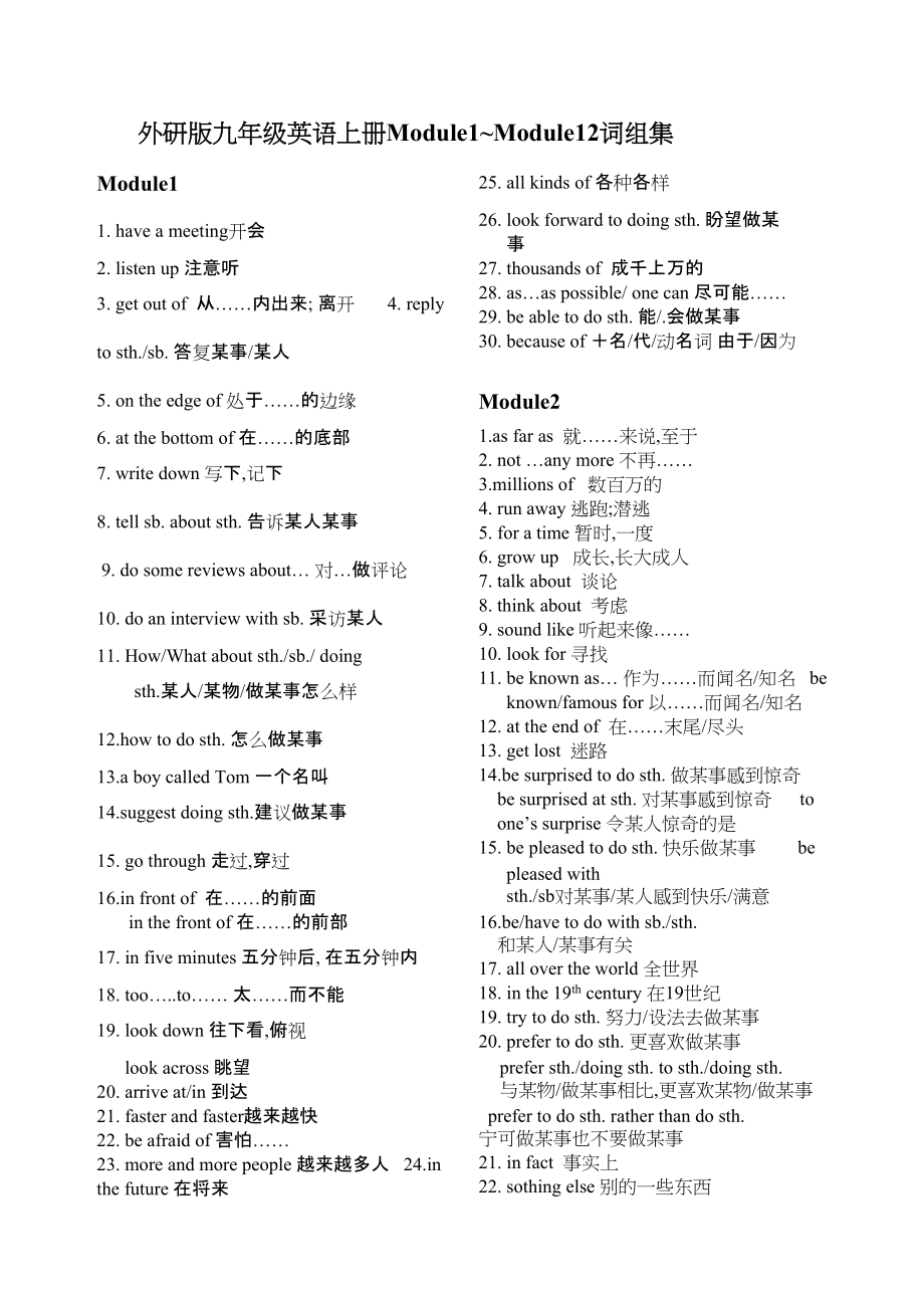 2023年module1module12词组集外研版九年级上doc初中英语.docx_第1页