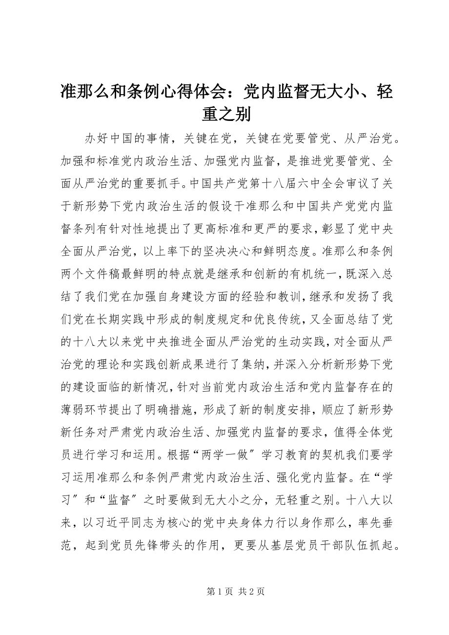 2023年《准则》和《条例》心得体会党内监督无大小轻重之别.docx_第1页