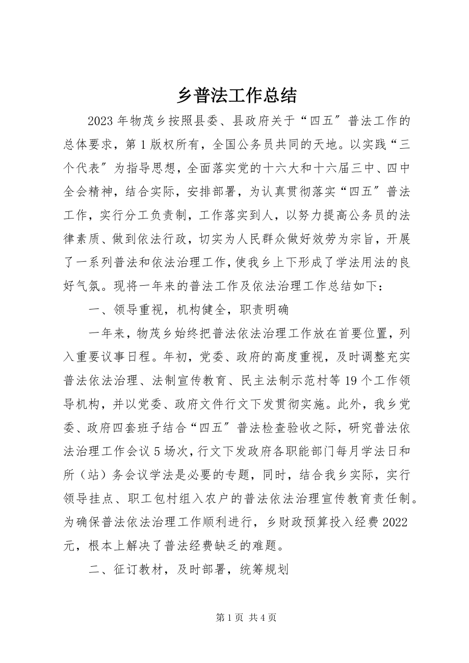 2023年乡普法工作总结.docx_第1页