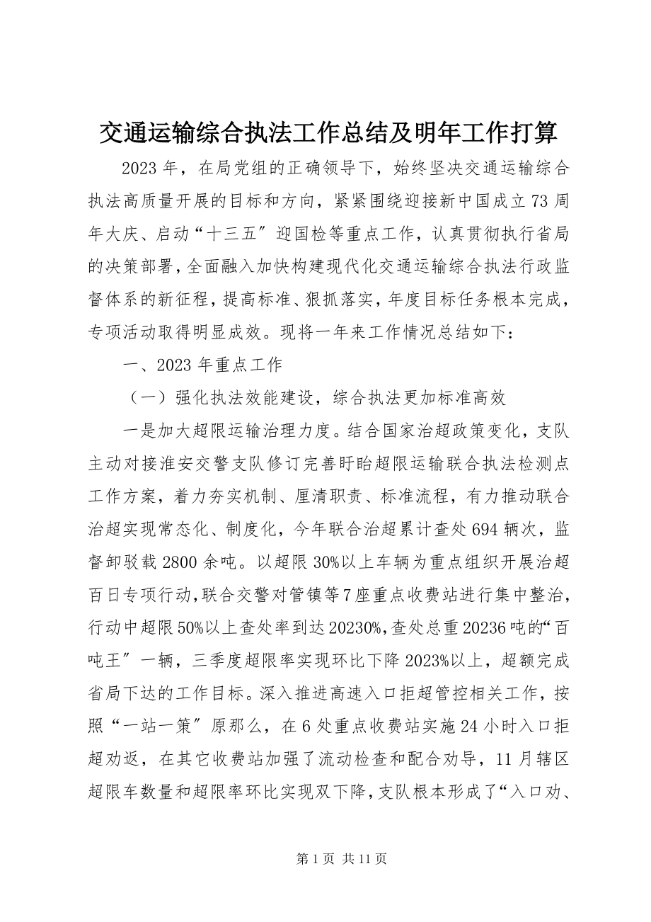 2023年交通运输综合执法工作总结及明工作打算.docx_第1页