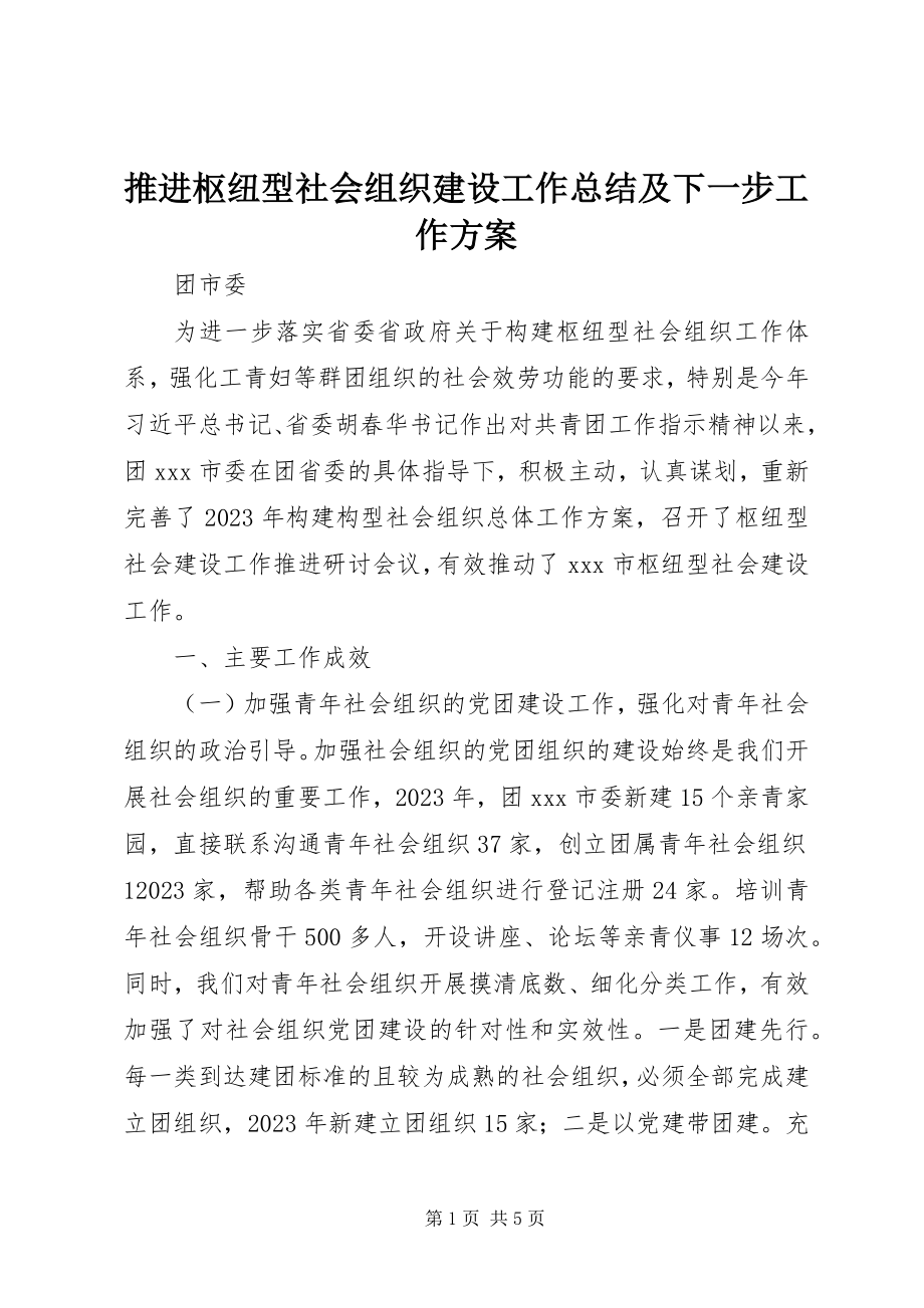 2023年推进枢纽型社会组织建设工作总结及下一步工作计划.docx_第1页