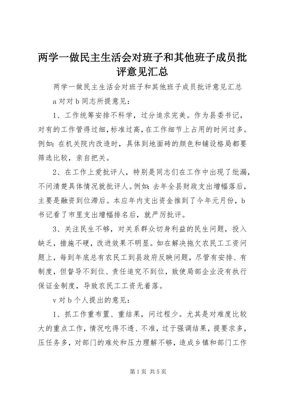 2023年两学一做民主生活会对班子和其他班子成员批评意见汇总.docx_第1页