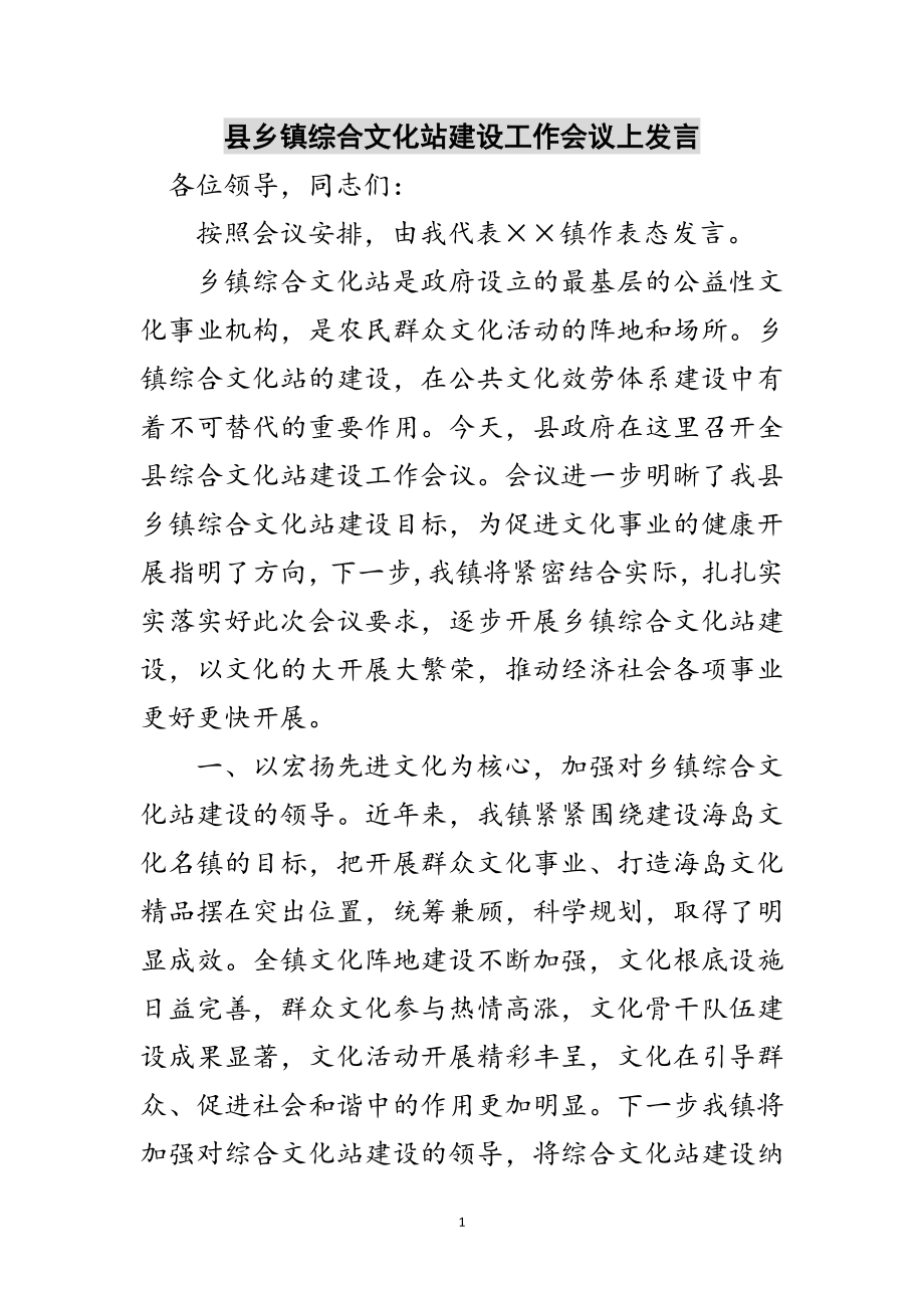 2023年县乡镇综合文化站建设工作会议上发言范文.doc_第1页