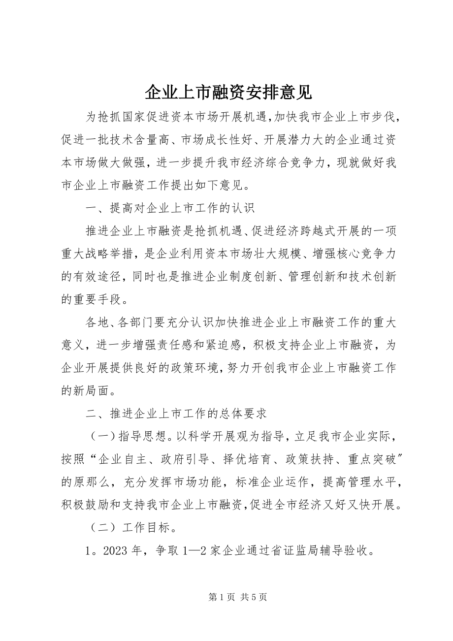 2023年企业上市融资安排意见.docx_第1页